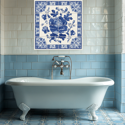 Floral Delft Blue Glass Backsplash, Blue White Dutch Style Wall Art, Custom Printed Glass Panel, Made in USA