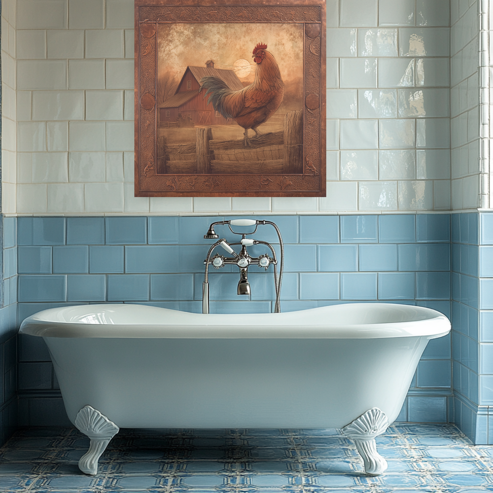 Copper Embossed Look Mediterranean Rooster Glass Backsplash • Rustic Kitchen Panel • Artistic Farmhouse Tile Design • Traditional Wall Piece