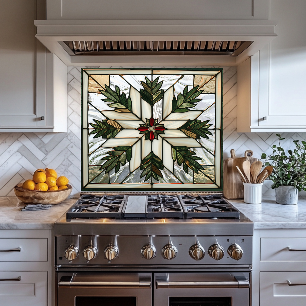 Stained Glass Leaves Kitchen Backsplash • Nature Inspired Glass Panel with Leaf Motifs • Heat-Resistant Glass for Stove Behind
