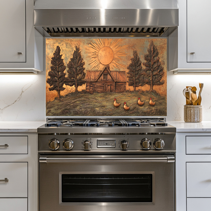Copper Look Nature and Roosters Landscape Glass Backsplash • Rustic Wall Art Panel • Peaceful Home Decor • Decorative Tile for Stove Behind