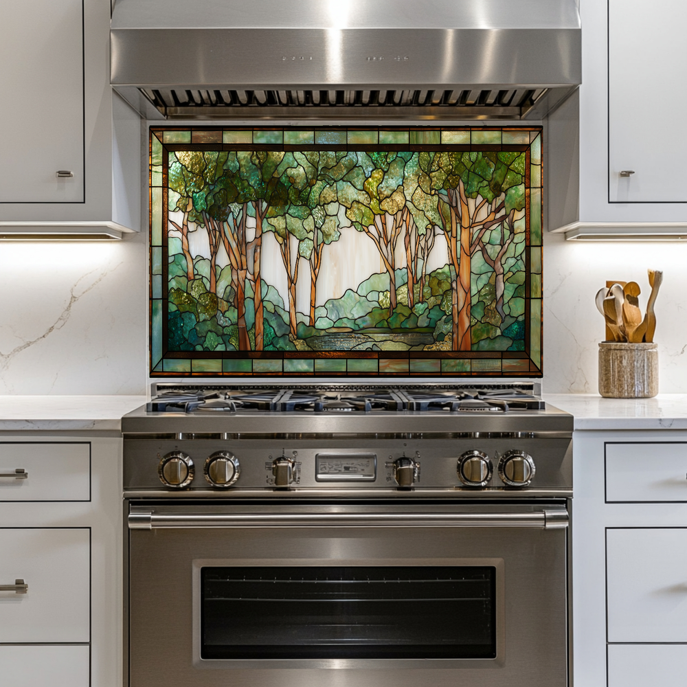 Stained Glass Look Forest Backsplash, Woodland Tree Scene Printed on Tempered Glass, Nature Inspired Kitchen Wall Art Panel