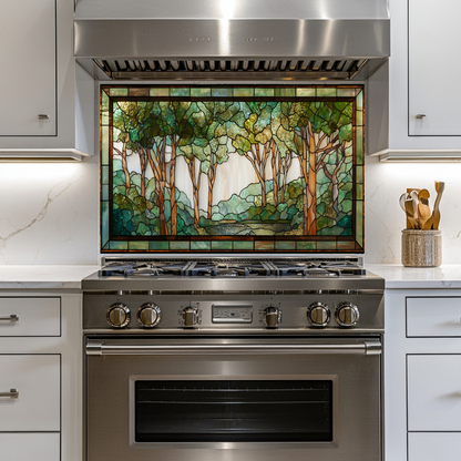 Stained Glass Look Forest Backsplash, Woodland Tree Scene Printed on Tempered Glass, Nature Inspired Kitchen Wall Art Panel