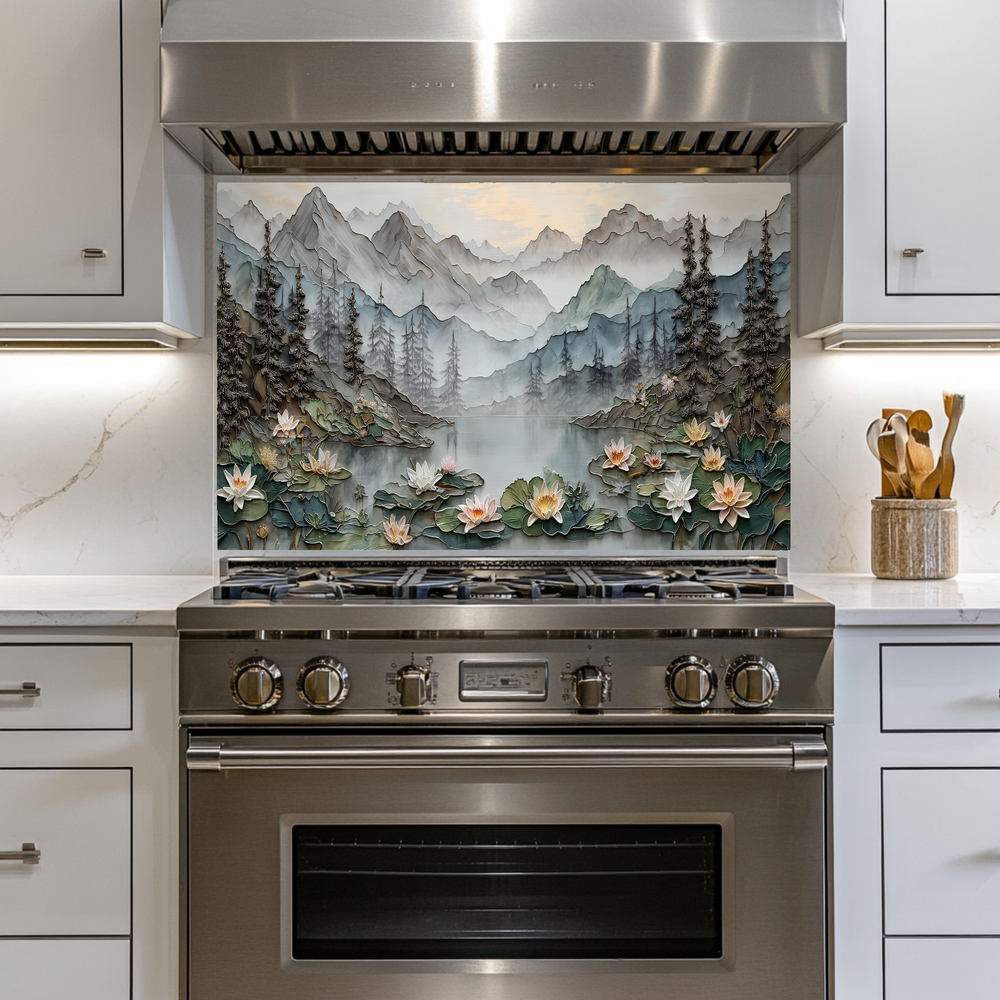 Made in USA, Floral Landscape Glass Backsplash & Wall Art – Pine Tree Splashback