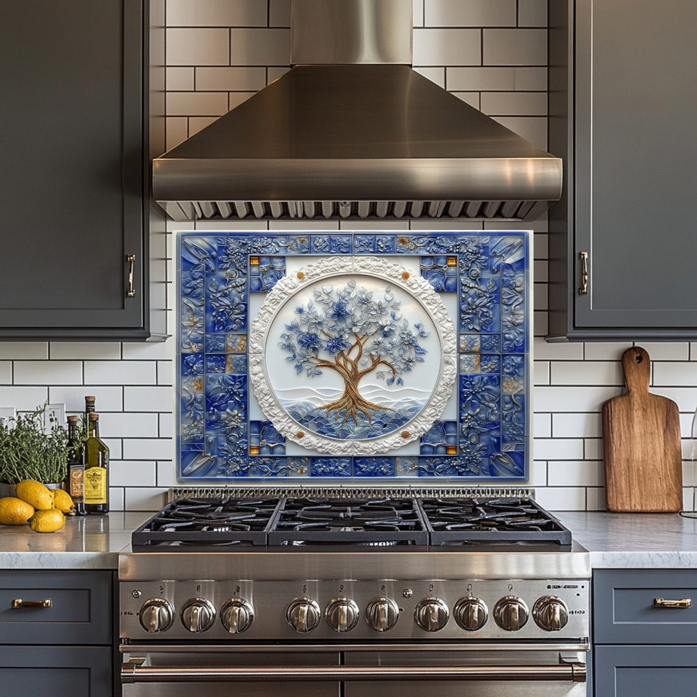Tree of Life Relief Effected Look One Piece Tempered Glass Kitchen Splashback For Stove Behind, Kitchen Backsplash, Kitchen Backsplash, Wall Art