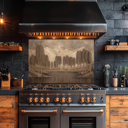 Copper Look Nature Landscape Glass Backsplash • Rustic Wall Art Panel • Mountain River Home Decor • Earthy Decorative Piece