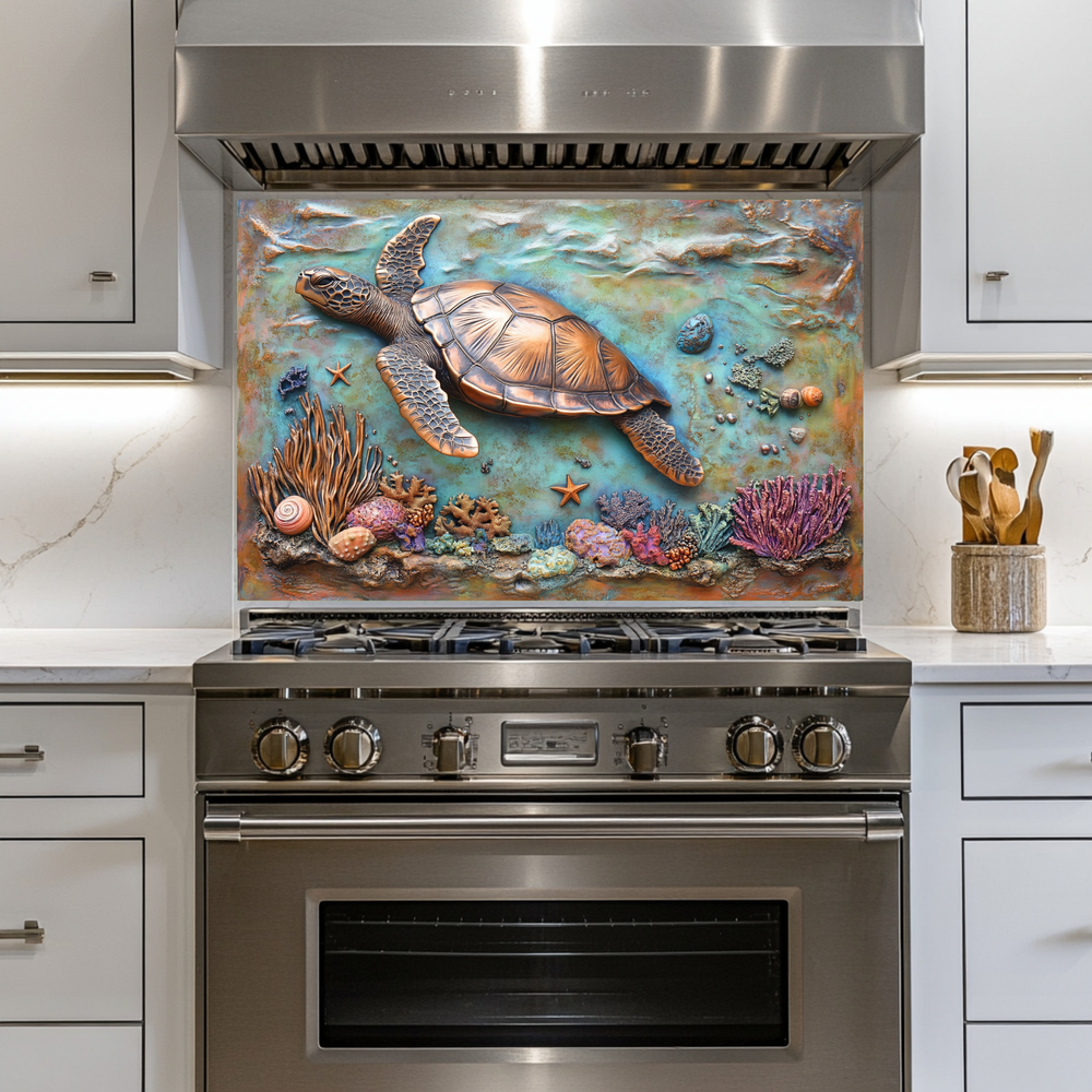 Copper Embossed Look Sea Turtle Glass Backsplash • Coastal Kitchen Panel • Artistic Ocean Texture • Nautical Decorative Panel