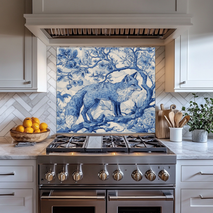Delft Blue Fox Kitchen Glass Backsplash • Stove Behind Cover • Nature Inspired Kitchen Splashback Panel • Blue-White Home Decor