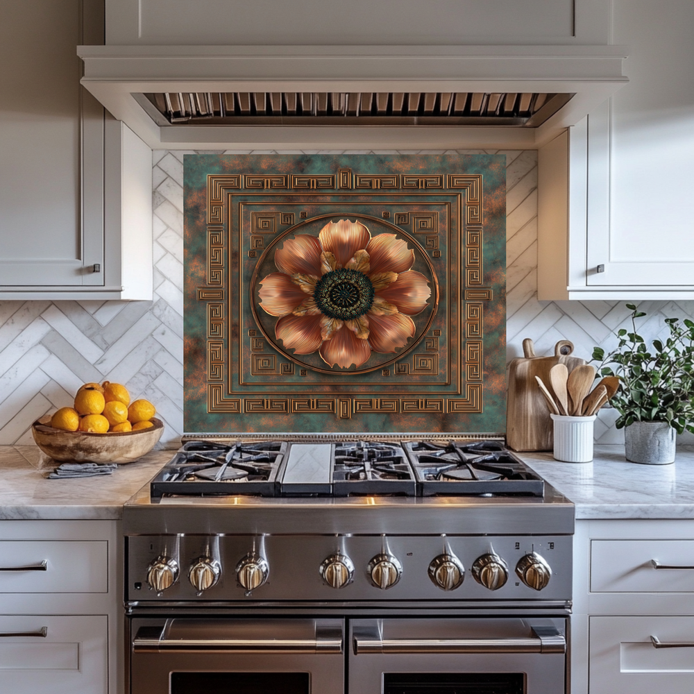 Floral Copper Look Kitchen Backsplash, Pattern Tile One Piece Tempered Glass Kitchen Splashback For Stove Behind
