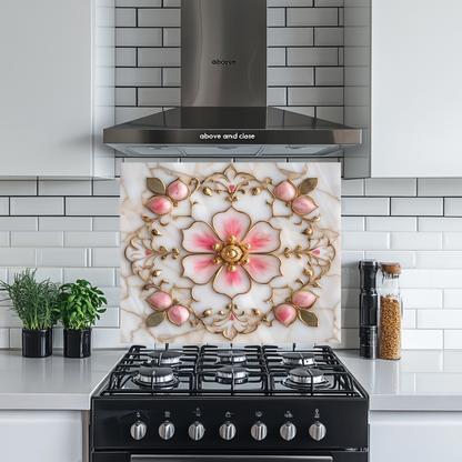Pink&Gold Pattern Marble Look One Piece Tempered Glass Kitchen Splashback For Stove Behind, Kitchen Backsplash, Kitchen Backsplash, Wall Art