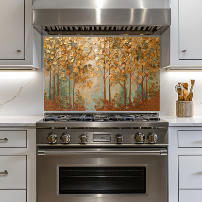 Forest Nature Artwork in Copper Tones Printed Tempered Glass Kitchen Splashback Backsplash Wall Panel for Modern Rustic Decor