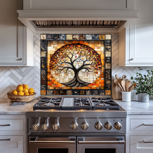 Stunning Life of Tree Mosaic Look One Piece Tempered Glass Kitchen Backsplash for Stove Behind, Kitchen Splashback, Glass Wall Art
