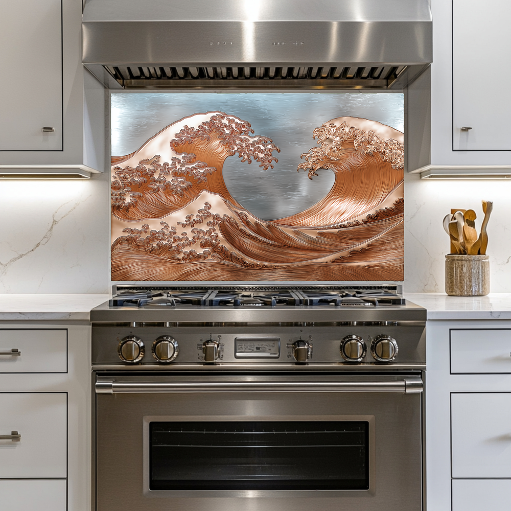 Copper Look Ocean Wave Glass Backsplash • Coastal Wall Art Panel • Artistic Blue Water Kitchen Decor • Textured Inspired Ocean Tile