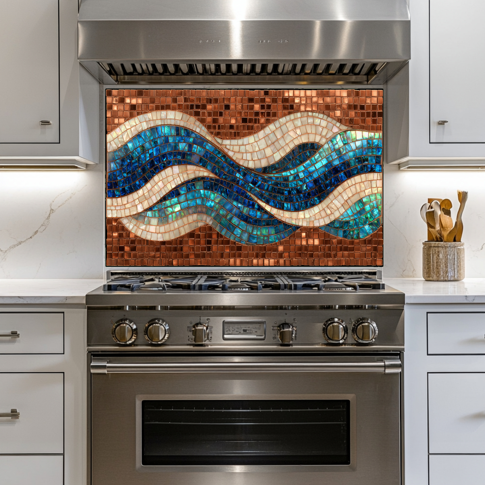 Mosaic Copper Ocean Wave Glass Backsplash • Coastal Wall Art Panel • Artistic Blue Water Kitchen Decor • Textured Nautical Design