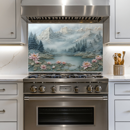Made in USA, Floral Landscape Tempered Glass Backsplash Behind Stove & Wall Art – Rustic Pine Tree Splashback