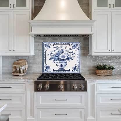 Delft Blue Vase One Piece Tempered Glass Kitchen Splashback For Stove Behind, Kitchen Backsplash, Wall Art