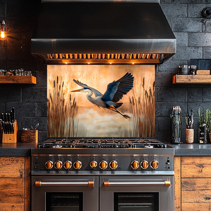 Copper Blue Heron Glass Backsplash Panel, Nature Inspired Kitchen Wall Art, Bird Theme Decorative Glass Tile, Rustic Coastal Home Decor