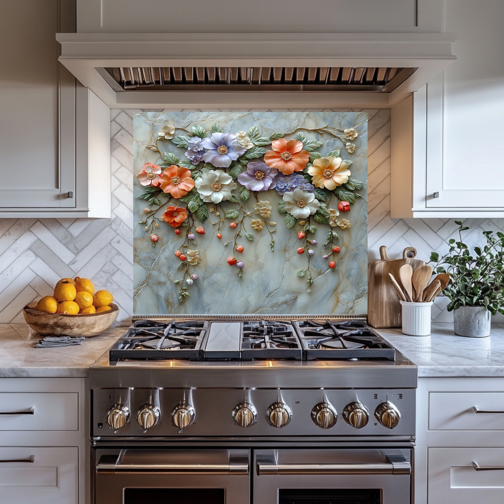 Embossed Flowers One Piece Tempered Glass Kitchen Splashback For Stove Behind, Kitchen Backsplash, Wall Art