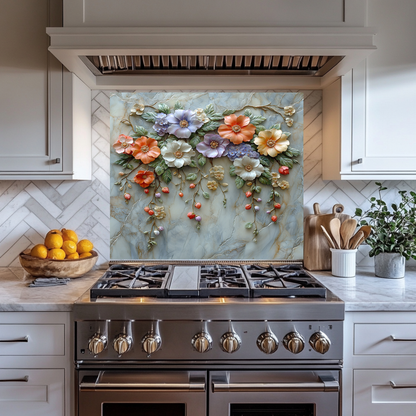 Embossed Flowers One Piece Tempered Glass Kitchen Splashback For Stove Behind, Kitchen Backsplash, Wall Art
