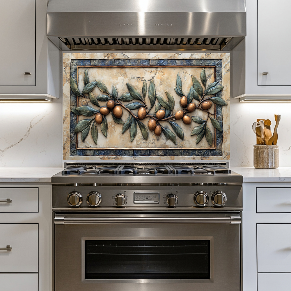 Copper Look Olive Branches One Piece Tempered Glass Kitchen Splashback For Stove Behind, Kitchen Backsplash, Wall Art