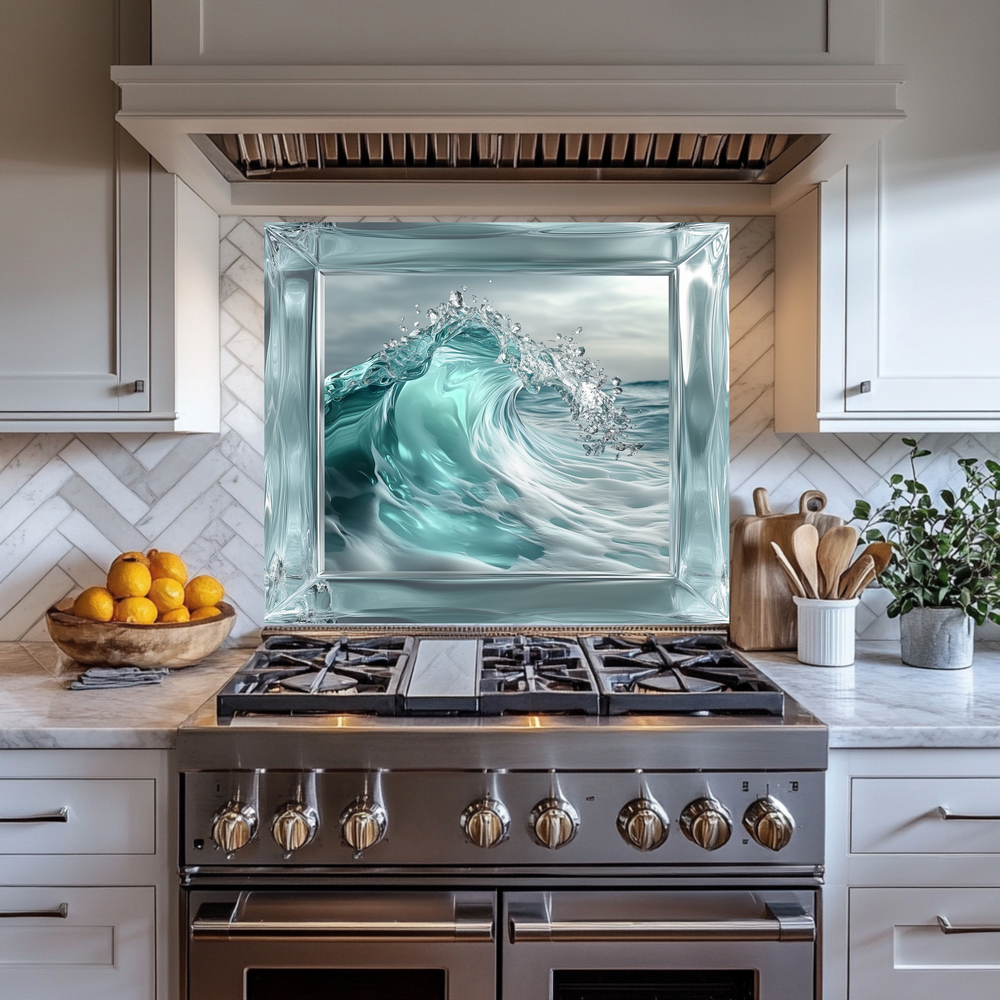 Ocean Wave Framed Look One Piece Tempered Glass Kitchen Backsplash for Stove Behind, Kitchen Splashback, Glass Wall Art