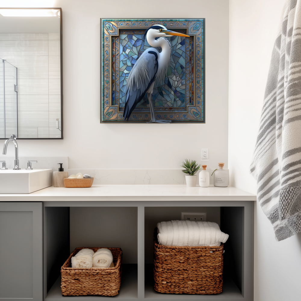 Blue Heron Glass Backsplash, Tempered Glass Wall Art Panel, Coastal Bird Kitchen Backsplash, Modern Wildlife Glass Splashback Decor