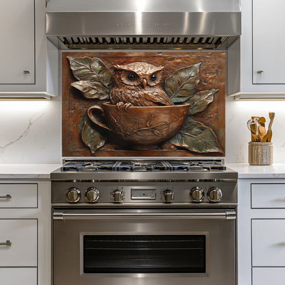 Rustic Owl Copper Look Glass Backsplash Panel, Embossed Style Owl Print on Tempered Glass Wall Art, Artistic Kitchen Splashback