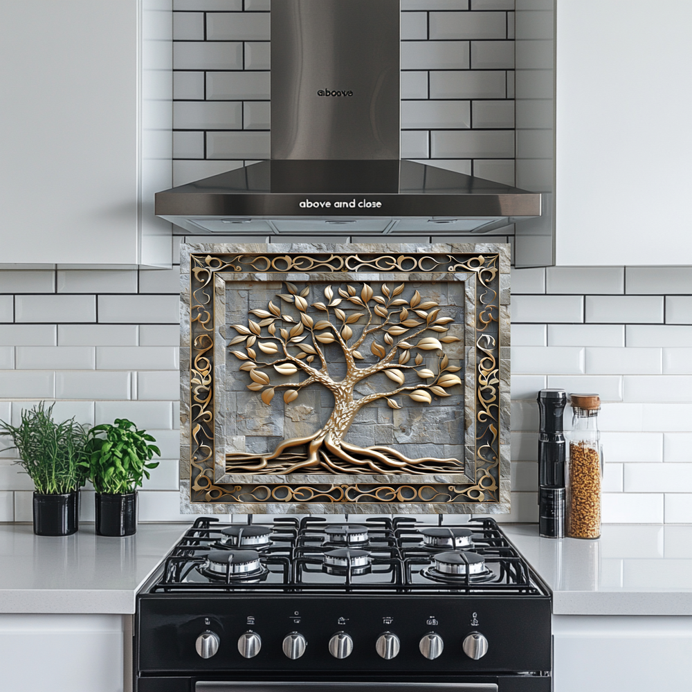 Carved Look Tree of Life Print One Piece Tempered Glass Kitchen Splashback For Stove Behind, Kitchen Backsplash, Wall Art
