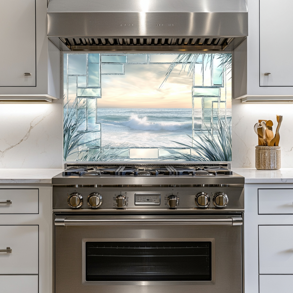 Ocean Landscape Scene Printed Tempered Glass Kitchen Backsplash Splashback Decorative Wall Art Panel for Modern Coastal Home Decor