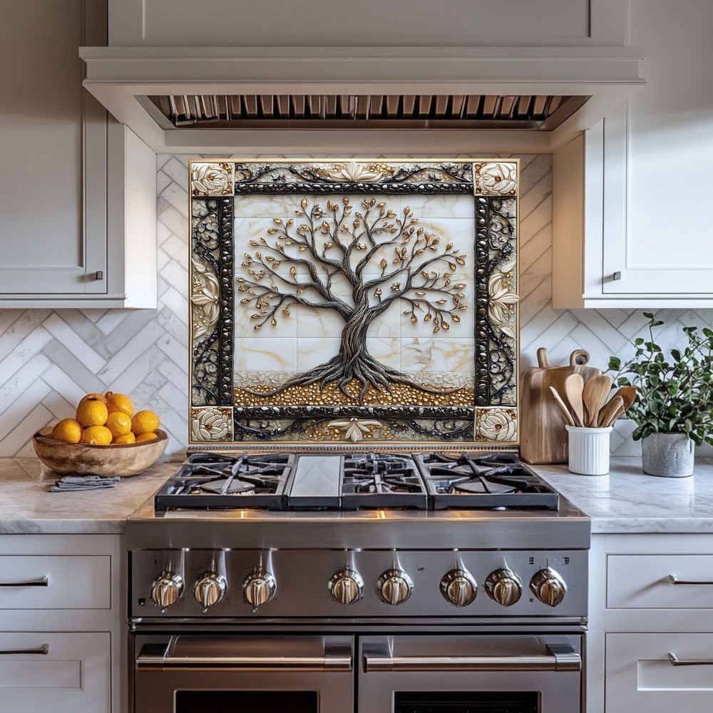 Attractive Life of Tree Framed Look One Piece Tempered Glass Kitchen Backsplash for Stove Behind, Kitchen Splashback, Glass Wall Art