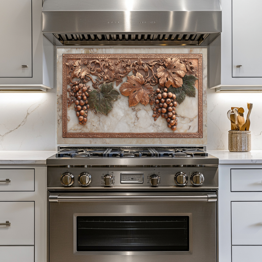 Copper Grape and Vine on Marble Design Printed Tempered Glass Kitchen Backsplash Splashback Decorative Wall Panel for Modern Home Decor