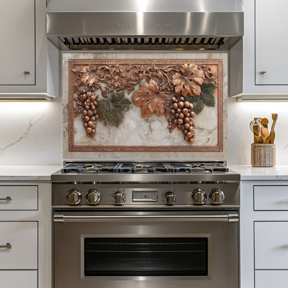 Copper Grape and Vine on Marble Design Printed Tempered Glass Kitchen Backsplash Splashback Decorative Wall Panel for Modern Home Decor