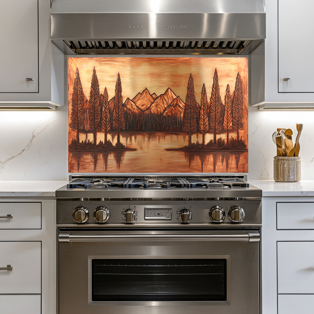 Copper Tone Mountain & Glass Tree Landscape Printed Tempered Glass Kitchen Backsplash Splashback or Wall Art Panel