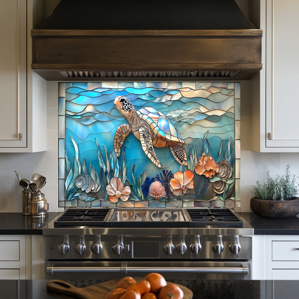 Sea Turtle Print One Piece Tempered Glass Kitchen Splashback For Stove Behind, Kitchen Backsplash, Wall Art, Kitchen Backsplash, Wall Art