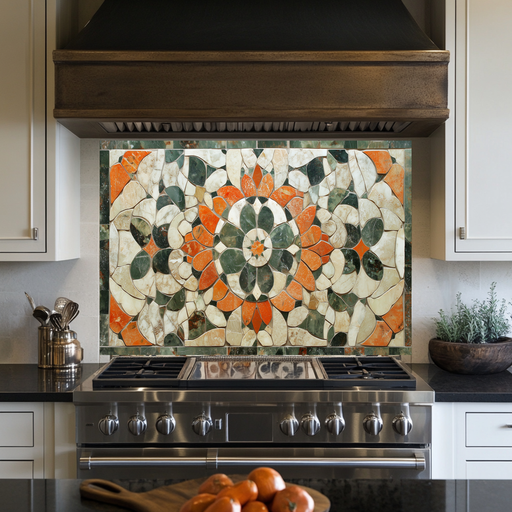 American Made Floral Mosaic Look Glass Backsplash Behind Stove – Rustic Farmhouse Kitchen Backsplash Tile, Flower Leaf Splashback