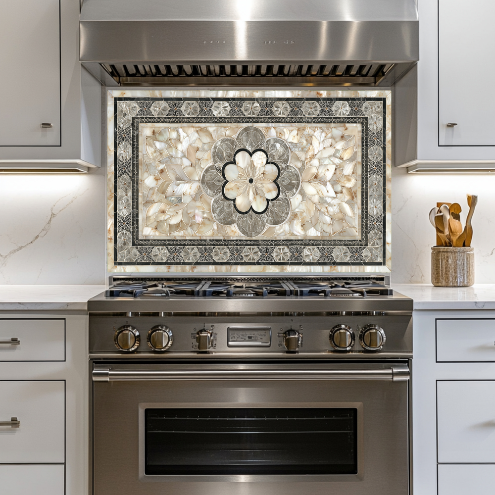 Ottoman Pattern on Marble Print Background Glass Backsplash for Kitchen Stove, Custom Wall Art, Heat-Resistant Kitchen Decor