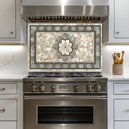 Ottoman Pattern on Marble Print Background Glass Backsplash for Kitchen Stove, Custom Wall Art, Heat-Resistant Kitchen Decor