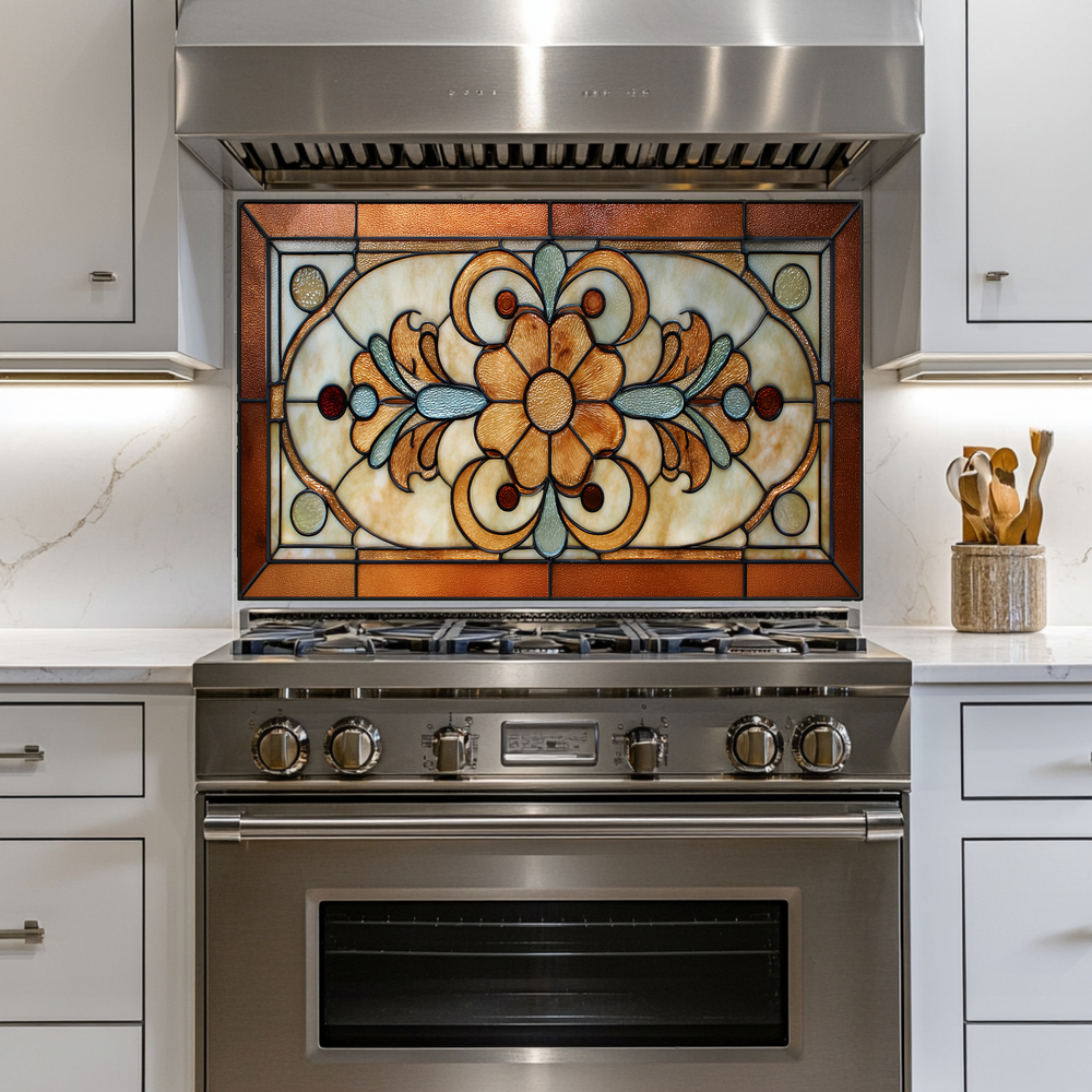 Floral Stained Look Glass Style Backsplash Panel, Tempered Glass Wall Art, Timeless Color Design, Elegant Kitchen Decor, Stove Protector