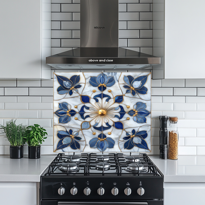 Blue&Gold Pattern Marble Look One Piece Tempered Glass Kitchen Splashback For Stove Behind, Kitchen Backsplash, Kitchen Backsplash, Wall Art