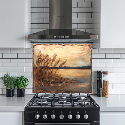 Copper Relief Look Reeds One Piece Tempered Glass Kitchen Splashback For Stove Behind, Kitchen Backsplash, Wall Art