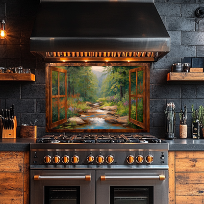 Nature View Glass Backsplash Panel, Scenic Landscape Tempered Glass Wall Art, Serene Kitchen Decor, Window Style Nature Scene, Home Accent