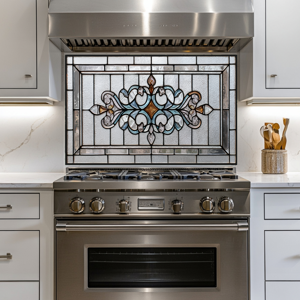 Classic Stained Look Glass Style Backsplash Panel, Tempered Glass Wall Art, Timeless Color Design, Elegant Kitchen Decor, Stove Protector