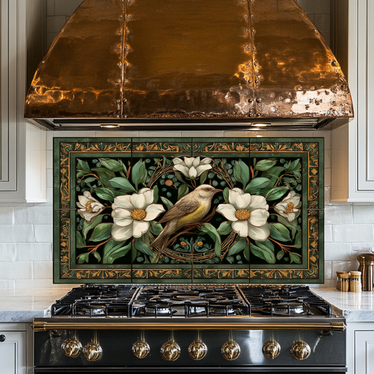 Bird and Floral Glass Backsplash Tile, Decorative Kitchen Wall Art, Custom Glass Panel, Made in USA