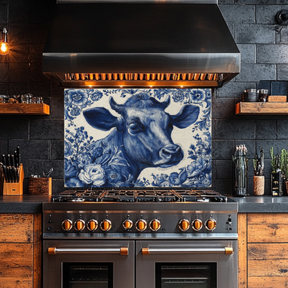 Delft Blue Cow Glass Backsplash Panel, Tempered Glass Wall Art, Dutch Farmhouse Kitchen Decor, Cow Pattern Tile, Rustic Animal Wall Panel
