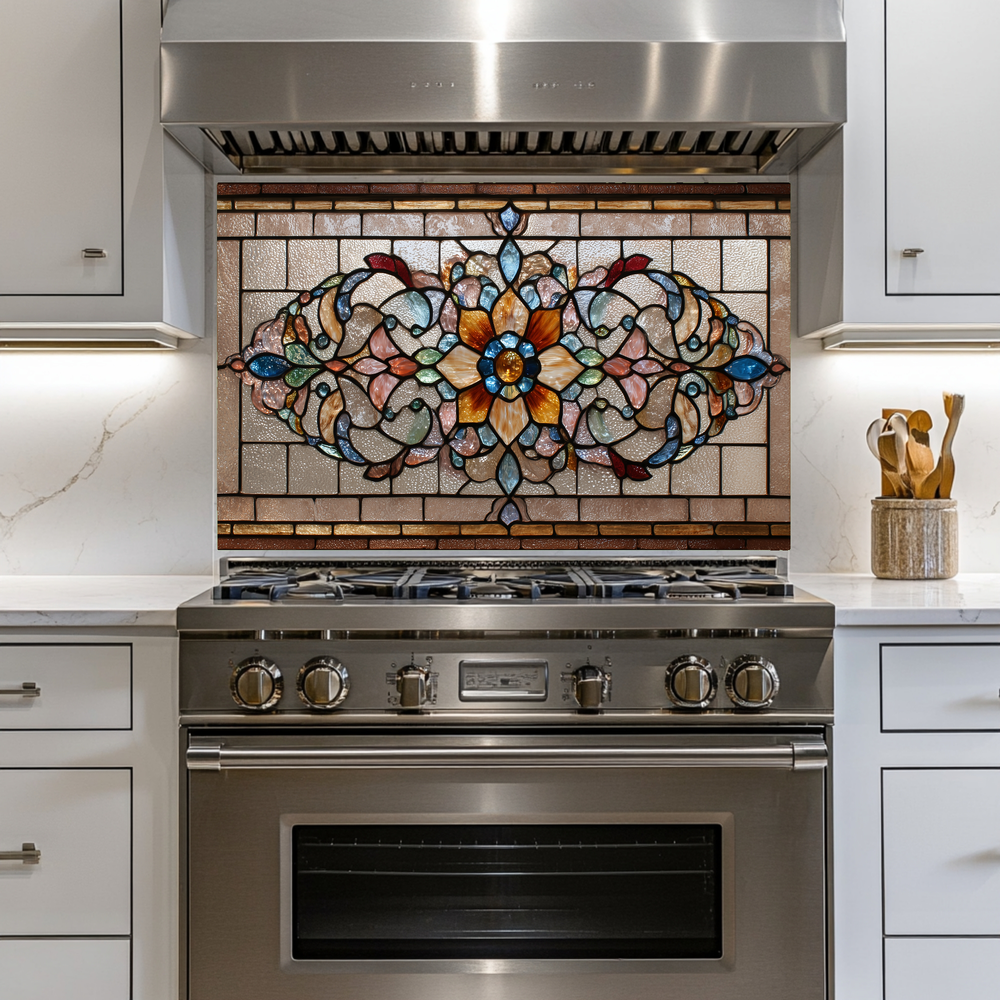 Kitchen Glass Backsplash with Stained Glass Style Design, UV Printed Tempered Glass Panel, Timeless Home Wall Art