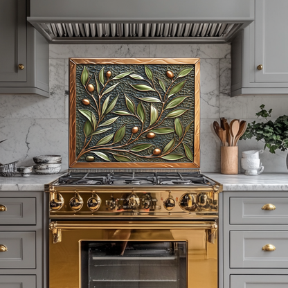 Copper Look Olive Branches One Piece Tempered Glass Kitchen Splashback For Stove Behind, Kitchen Backsplash, Wall Art