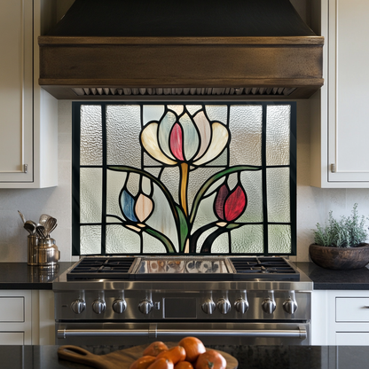 Tulips Stained Glass Look One Piece Tempered Glass Kitchen Splashback For Stove Behind, Kitchen Backsplash, Kitchen Backsplash, Wall Art