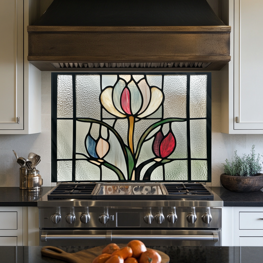 Tulips Stained Glass Look One Piece Tempered Glass Kitchen Splashback For Stove Behind, Kitchen Backsplash, Kitchen Backsplash, Wall Art