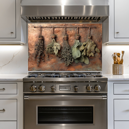 Dried Herbs and Spices Hanging Design Printed Tempered Glass Kitchen Backsplash Splashback Decorative Wall Panel, Modern Rustic Home Decor