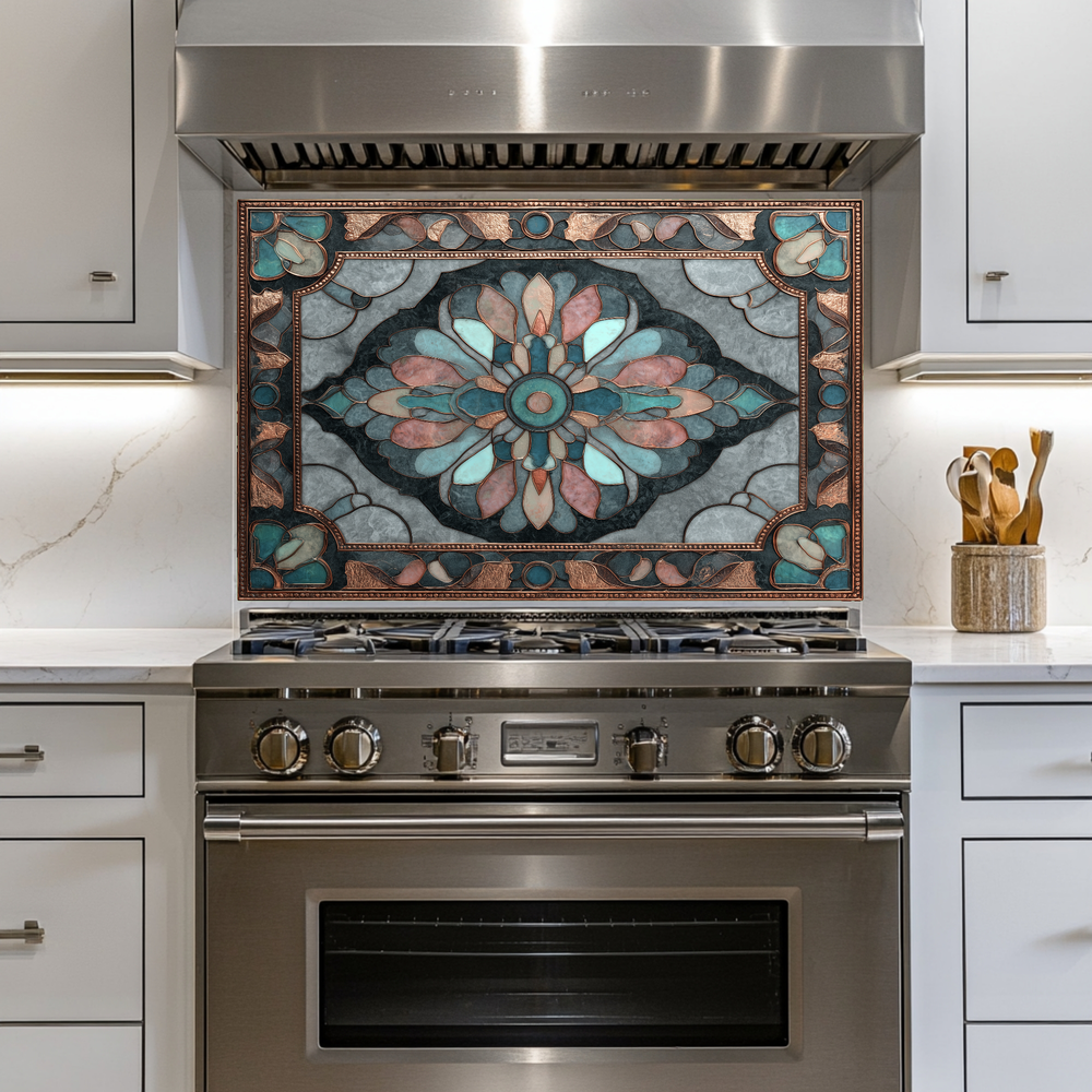 Ottoman Pattern on Marble Print Background Glass Backsplash for Kitchen Stove, Custom Wall Art, Heat-Resistant Kitchen Decor