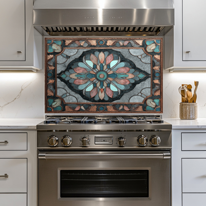 Ottoman Pattern on Marble Print Background Glass Backsplash for Kitchen Stove, Custom Wall Art, Heat-Resistant Kitchen Decor